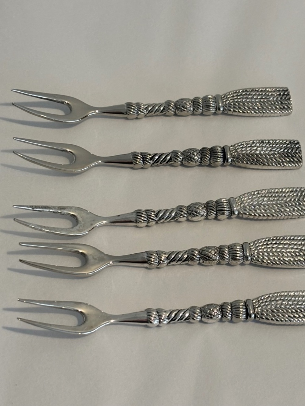Vintage Silea silver plated appetizer forks braided rope tassel design set of 5
